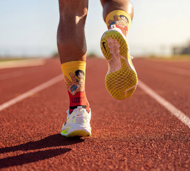 Runner su una pista di atletica con i calzini da running One Piece Luffy Red