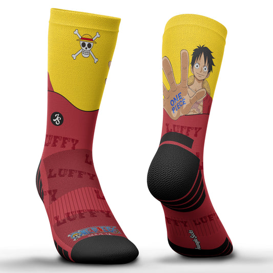 Calcetines One Piece Luffy Red: calcetines técnicos de media caña rojos y amarillos con Luffy y el Jolly Roger