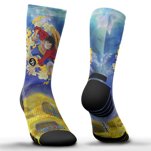 Calcetines One Piece Luffy Treasure: calcetines técnicos de media caña con Luffy, cielo azul y tesoro dorado